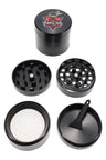 Black Ninja Glass 4-piece 40 mm herb grinder with kief screen and scraper, shown disassembled on a white background.