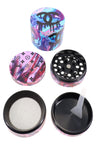 Color-splash zinc alloy 4-part herb grinder with printed exterior, diamond teeth, fine mesh screen, and scraper tool shown apart.