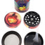 Vivid pattern zinc alloy 4-piece herb grinder set; opened to display tooth plates, mesh sifter, and smooth catch chamber.