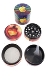 Vivid pattern zinc alloy 4-piece herb grinder set; opened to display tooth plates, mesh sifter, and smooth catch chamber.