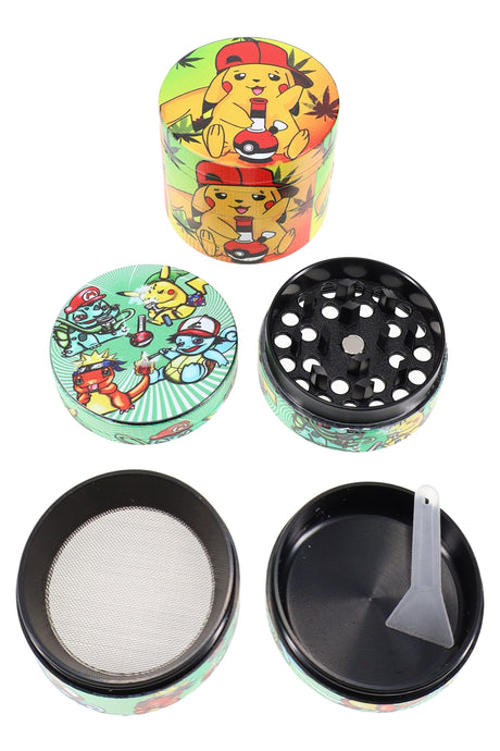 Cartoon-style wrap design zinc alloy 4-part weed grinder; disassembled with perforated plate, mesh screen, and pollen tray.