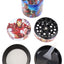 Hero-art printed zinc alloy 4-part herb grinder; complete set opened to show sharp teeth, fine sifter, and collection tray.
