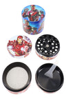 Hero-art printed zinc alloy 4-part herb grinder; complete set opened to show sharp teeth, fine sifter, and collection tray.
