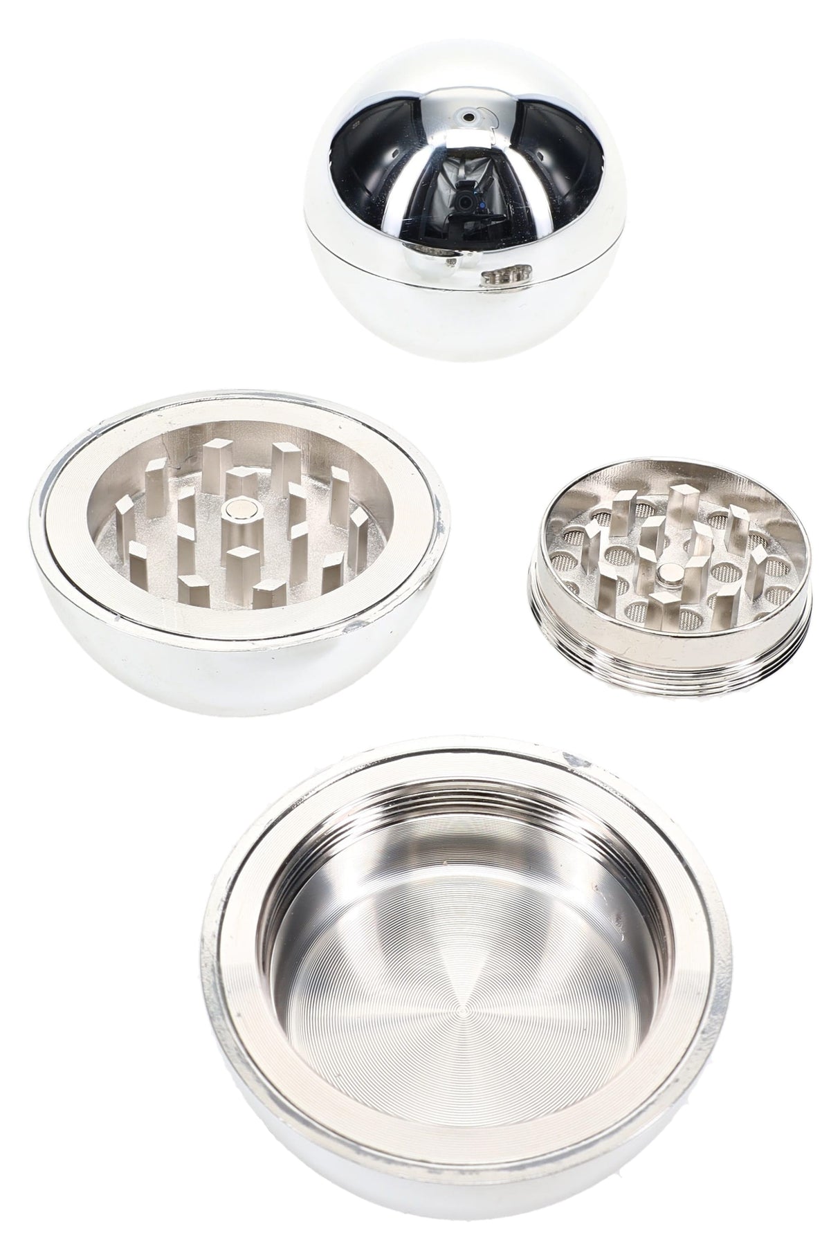 Open chrome sphere herb grinder showing metal teeth, screen section, and bottom catcher compartment