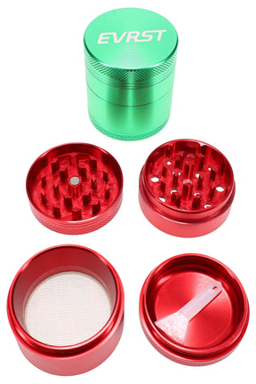 EVRST aluminum 4-part herb grinder in mixed colors, shown disassembled with diamond teeth, mesh screen, and scraper.