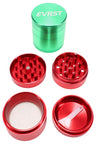 EVRST aluminum 4-part herb grinder in mixed colors, shown disassembled with diamond teeth, mesh screen, and scraper.