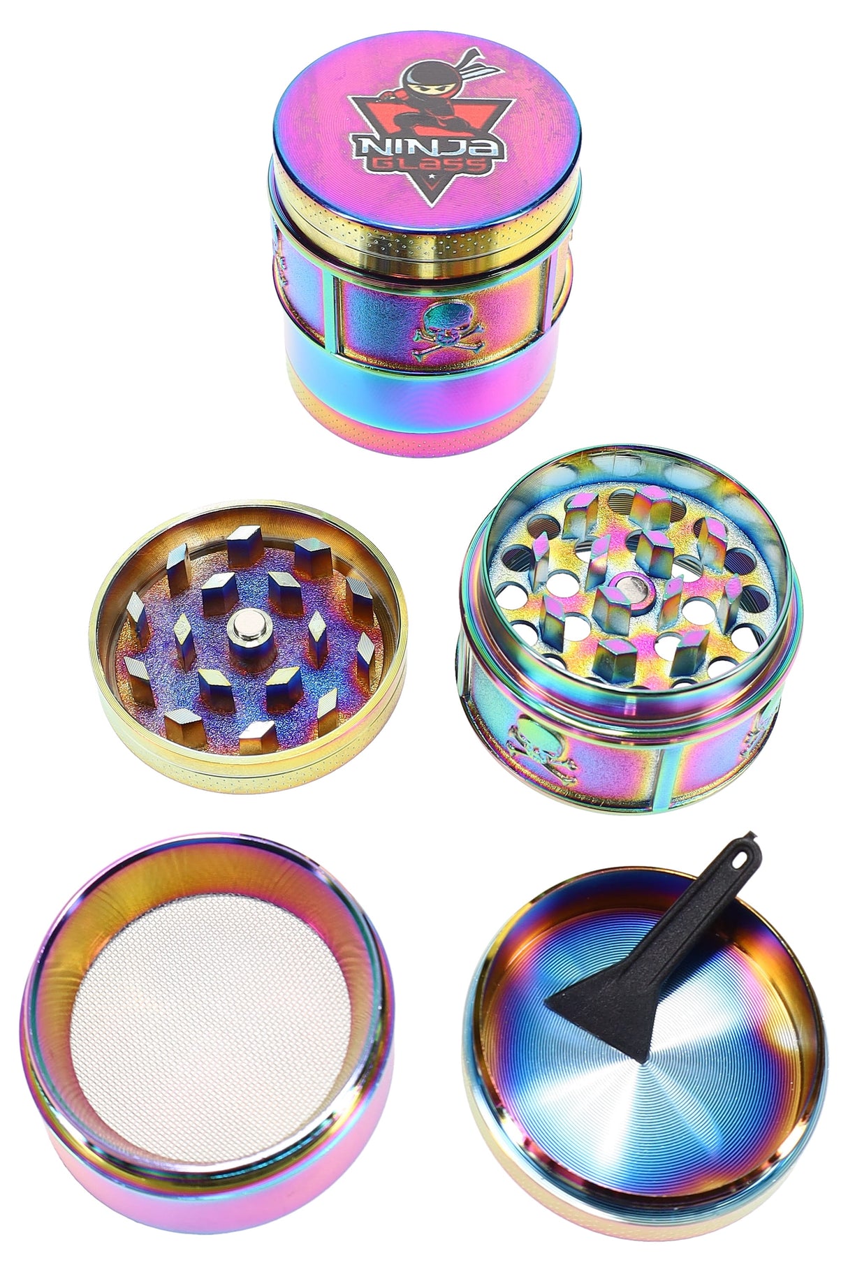 Rainbow 4-part metal herb grinder by Ninja Glass, 1½″ size with mesh kief screen and scraper, components shown disassembled on white.