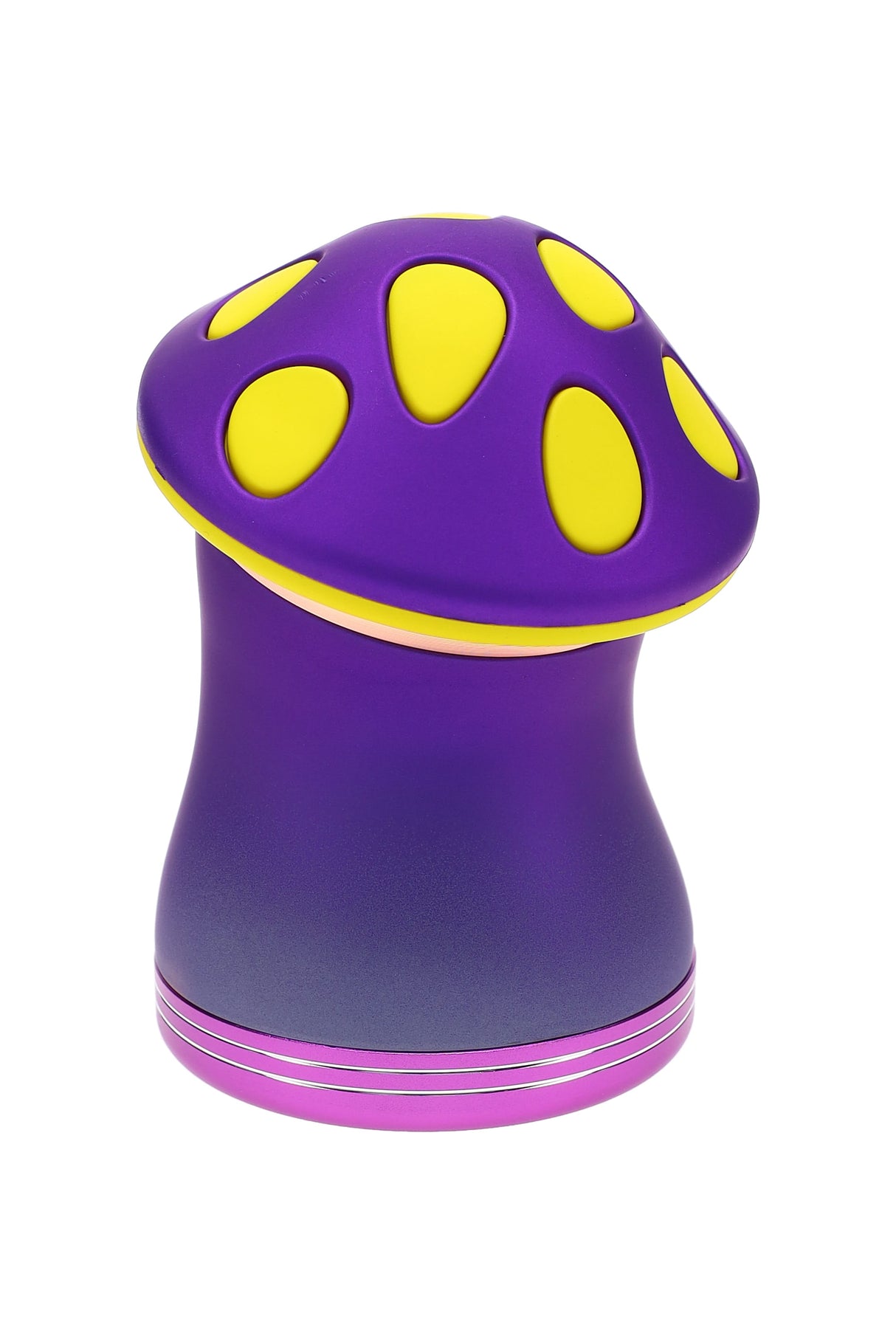 Purple and yellow mushroom metal herb grinder shown assembled, compact 2¼″ 4-part design with smooth ergonomic cap and metallic finish.