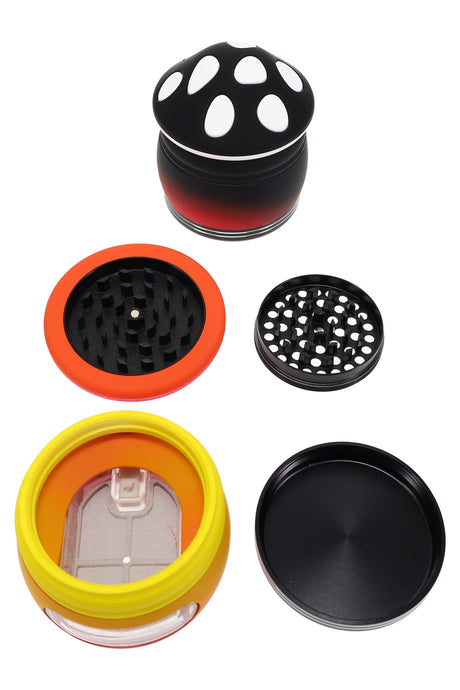 Mushroom-shaped 4-part metal herb grinder, 2¼″ zinc-alloy with diamond teeth, screen, viewing window and slide-out dispenser drawer, shown disassembled.