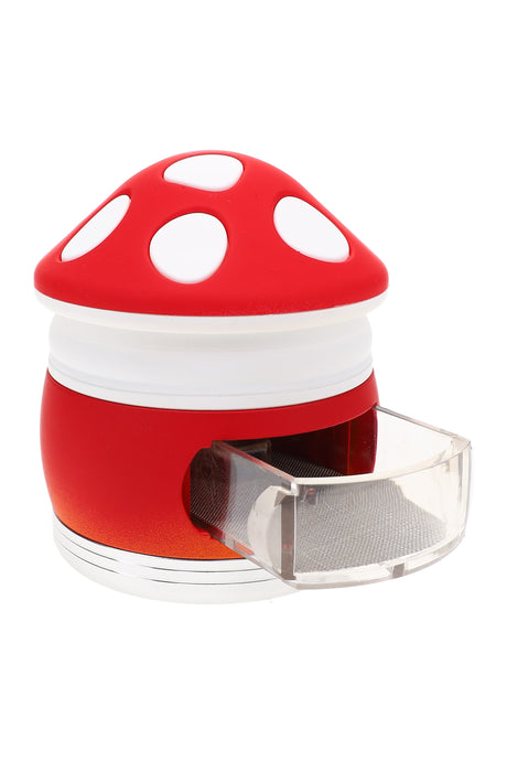 Close view of mushroom grinder’s slide-out dispenser drawer with mesh screen, designed to pour ground herb neatly with no spills.