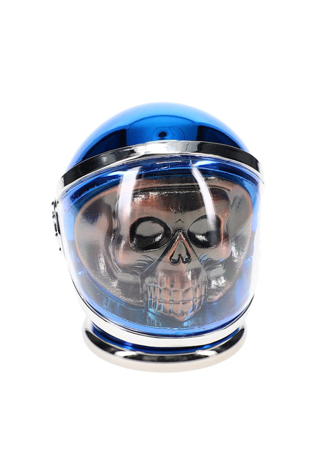 Blue astronaut-helmet skull novelty metal herb grinder assembled, compact 2¼″ 4-piece aluminum body with clear visor.