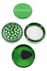 Green Cali Crusher O.G. grinder components laid out with precision teeth and fine kief screen visible.