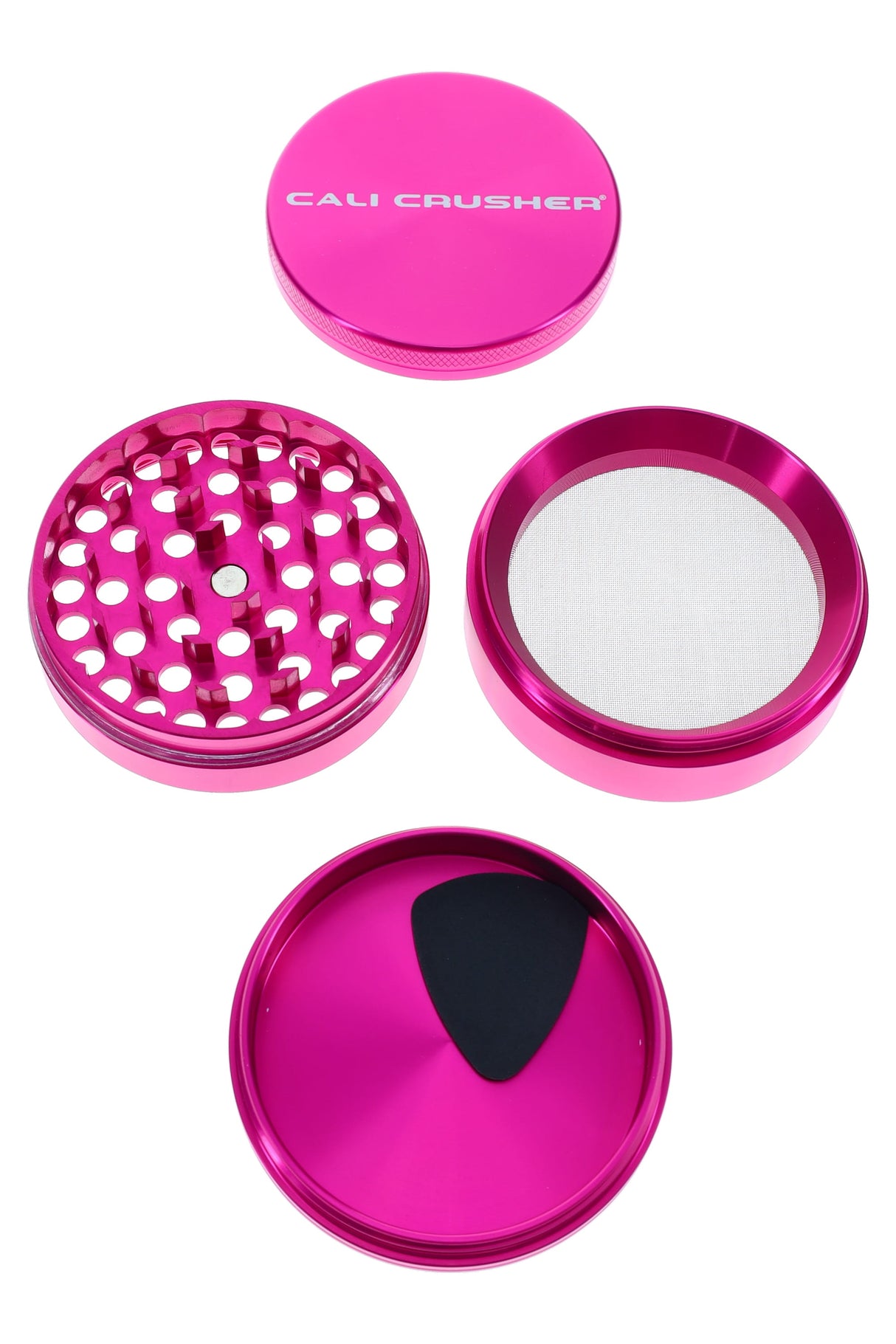 Pink Cali Crusher O.G. grinder disassembled with kief screen and scraper placed in the bottom chamber.