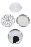 Silver Cali Crusher O.G. grinder in four parts with fine mesh screen and roomy kief catcher displayed.