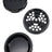 Black GRAV 3-piece grinder opened to show precision teeth plate and deep storage dish with magnetic lid.