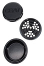 Black GRAV 3-piece grinder opened to show precision teeth plate and deep storage dish with magnetic lid.