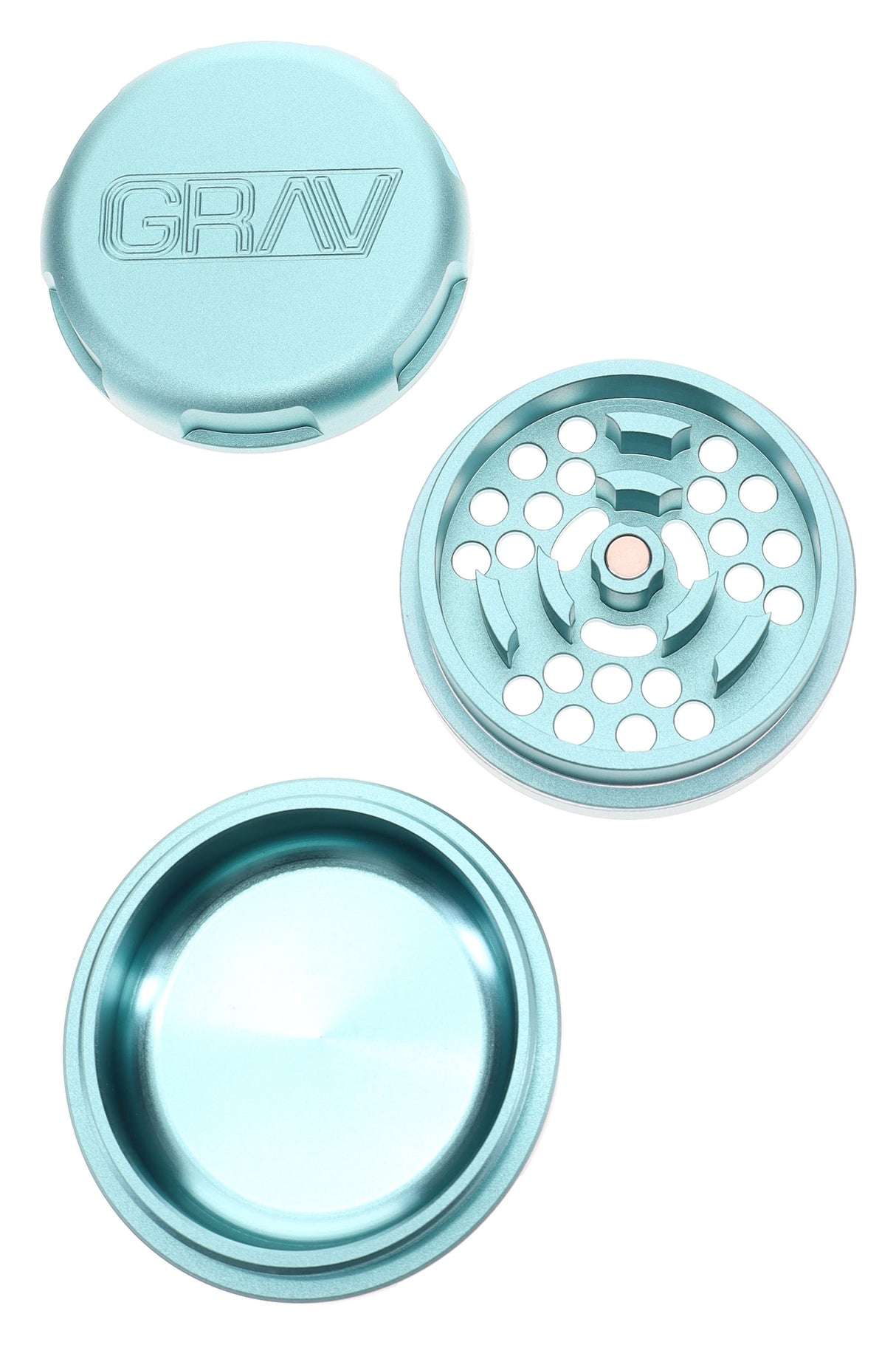 Maui Blue GRAV 2.75″ three-piece herb grinder disassembled, highlighting teeth layout and smooth storage bowl.