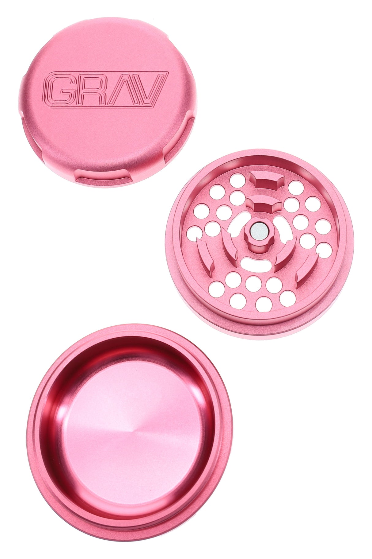 Blush GRAV 3-piece aluminum grinder opened, showing magnetic lid, grinding plate, and collection chamber.