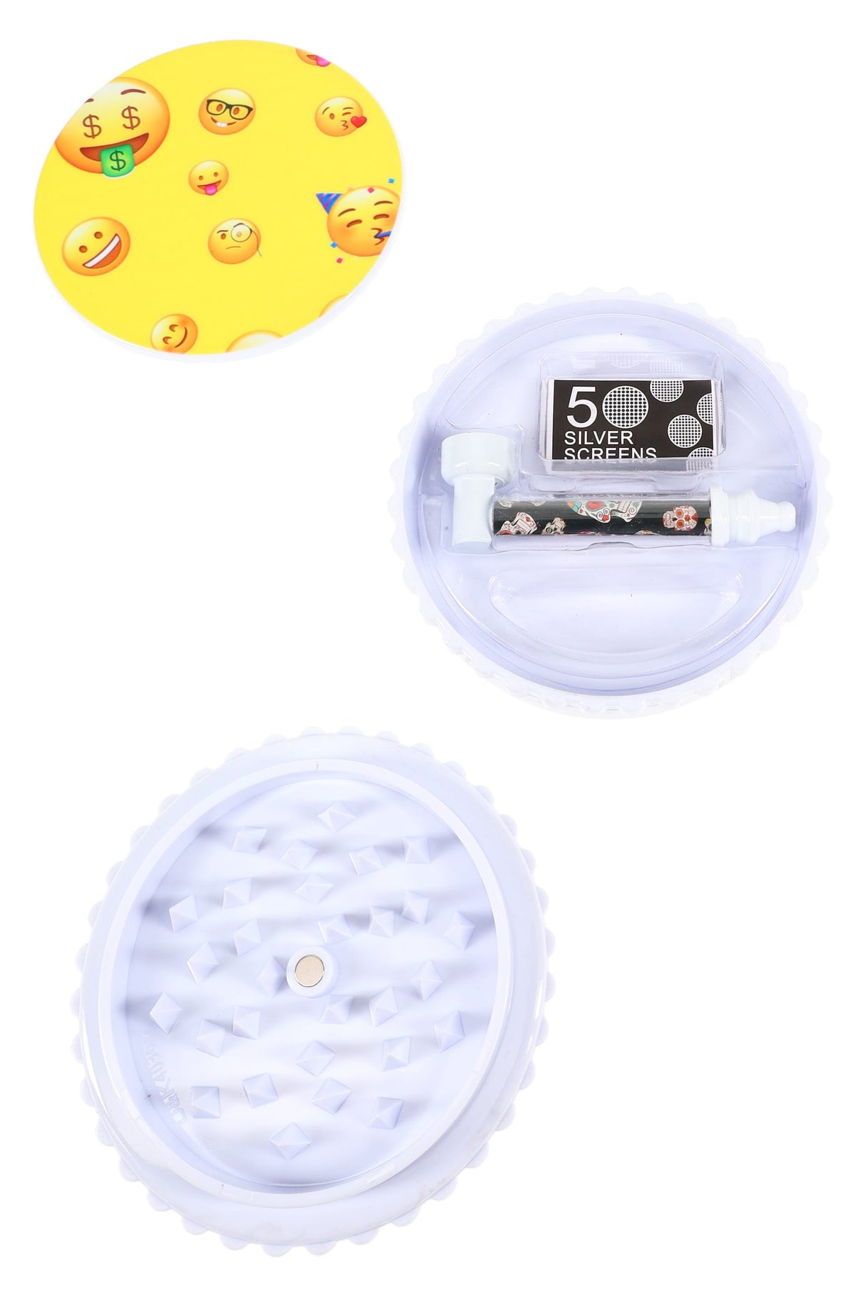 Open 4″ plastic grinder showing diamond teeth and hidden compartment holding metal pipe and 5 silver screens; emoji lid removed.