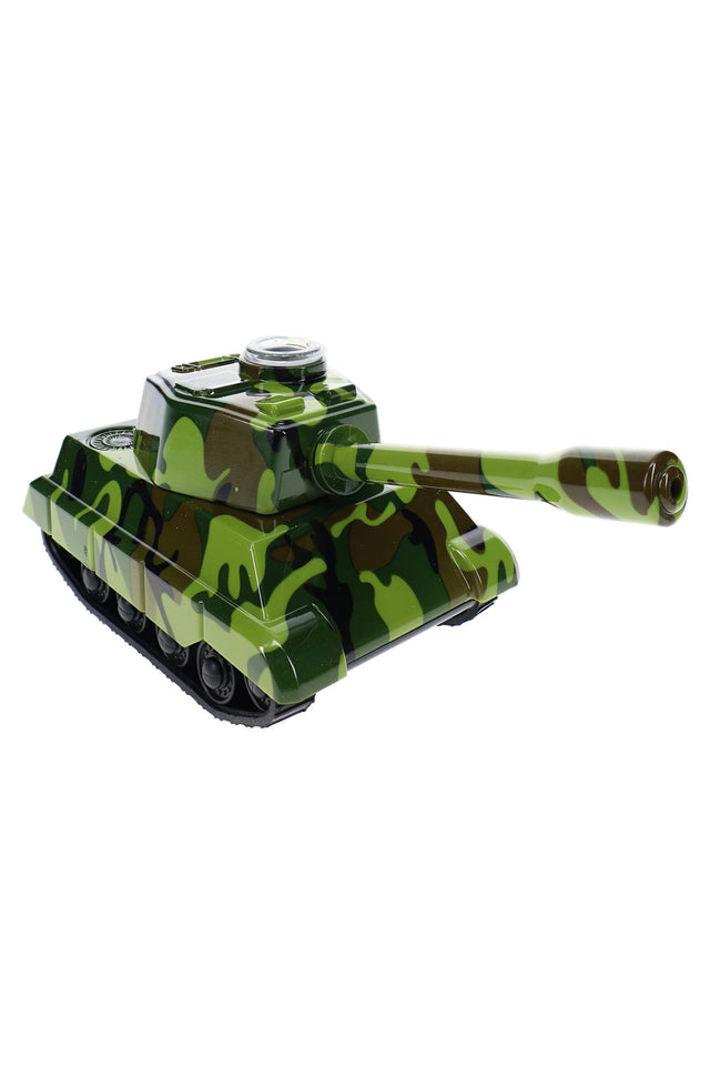 Green camo tank grinder pipe side view with barrel detail and compact novelty dry herb design