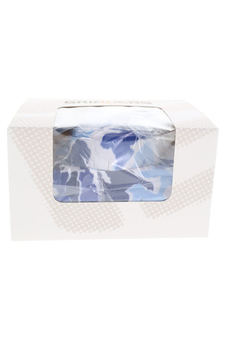Blue camo tank herb grinder pipe in white retail box with window packaging and 1¾ inch size