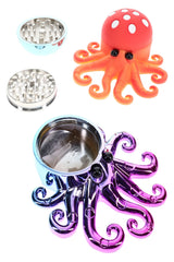 Open octopus herb grinder showing orange and metallic purple shells with metal teeth and 3-part layout