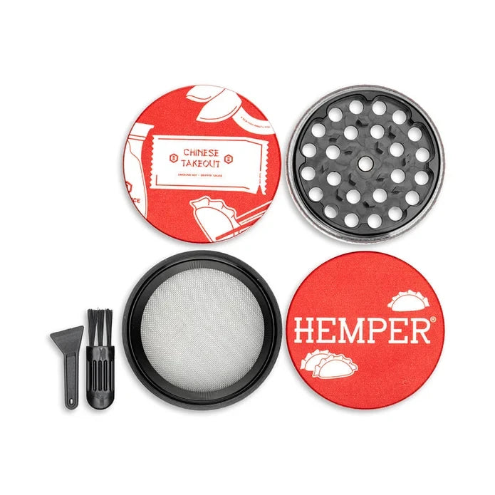 HEMPER Chinese Takeout grinder separated into four parts with mesh screen, scraper, and small brush