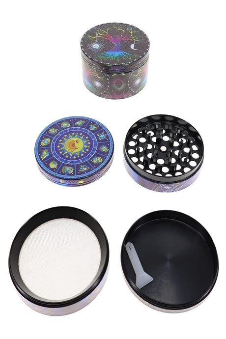 Sun and moon metal herb grinder opened with black teeth, mesh screen, tray, and gray scraper
