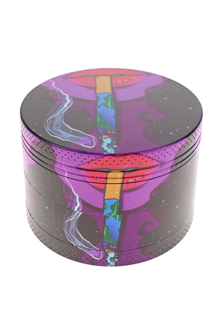 Purple lips decal metal herb grinder with wraparound smoke artwork and textured grip edge