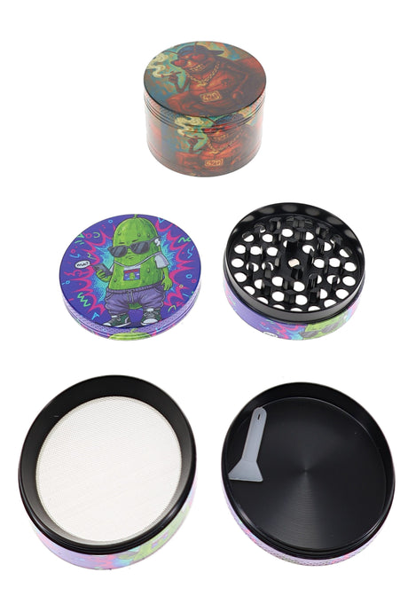 Character decal metal herb grinder opened with black teeth, mesh screen, tray, and scraper