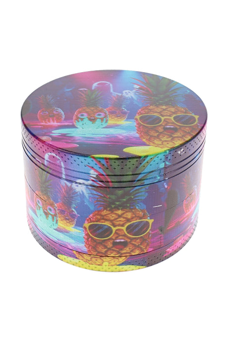 Pineapple character metal herb grinder with bright wraparound decal and textured grip edge