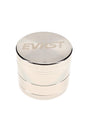 Polished EVRST metal herb grinder with engraved lid logo and textured grip bands