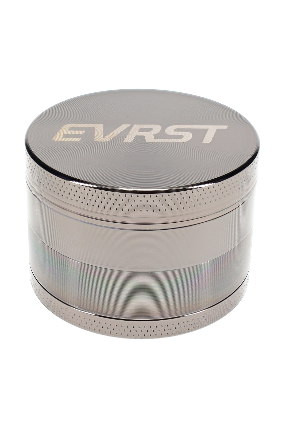 Gunmetal EVRST metal herb grinder close-up with engraved lid logo and knurled grip edge