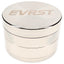 Silver EVRST metal herb grinder opened to show teeth, mesh screen, collection tray, and scraper