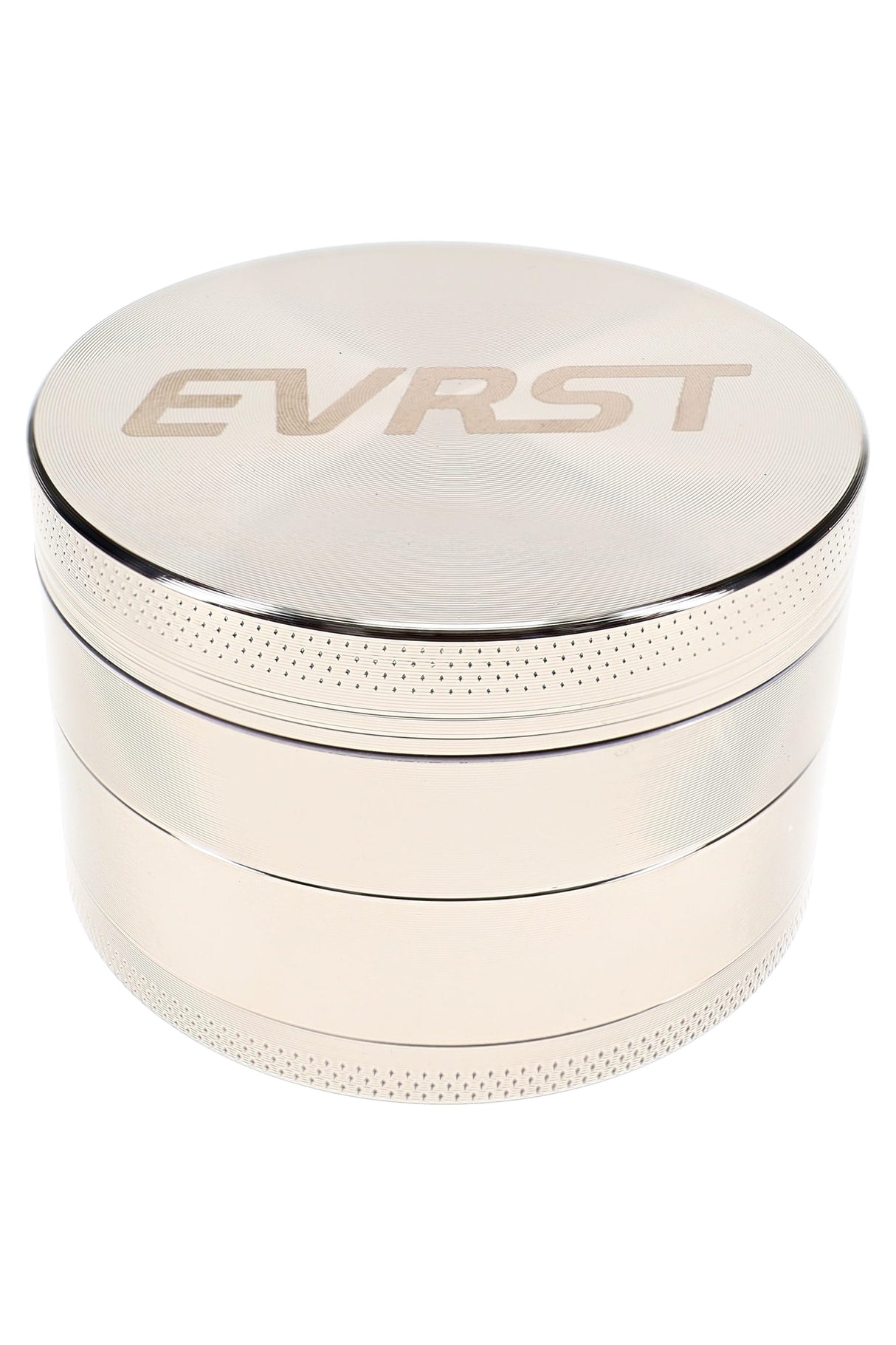 Silver EVRST metal herb grinder opened to show teeth, mesh screen, collection tray, and scraper