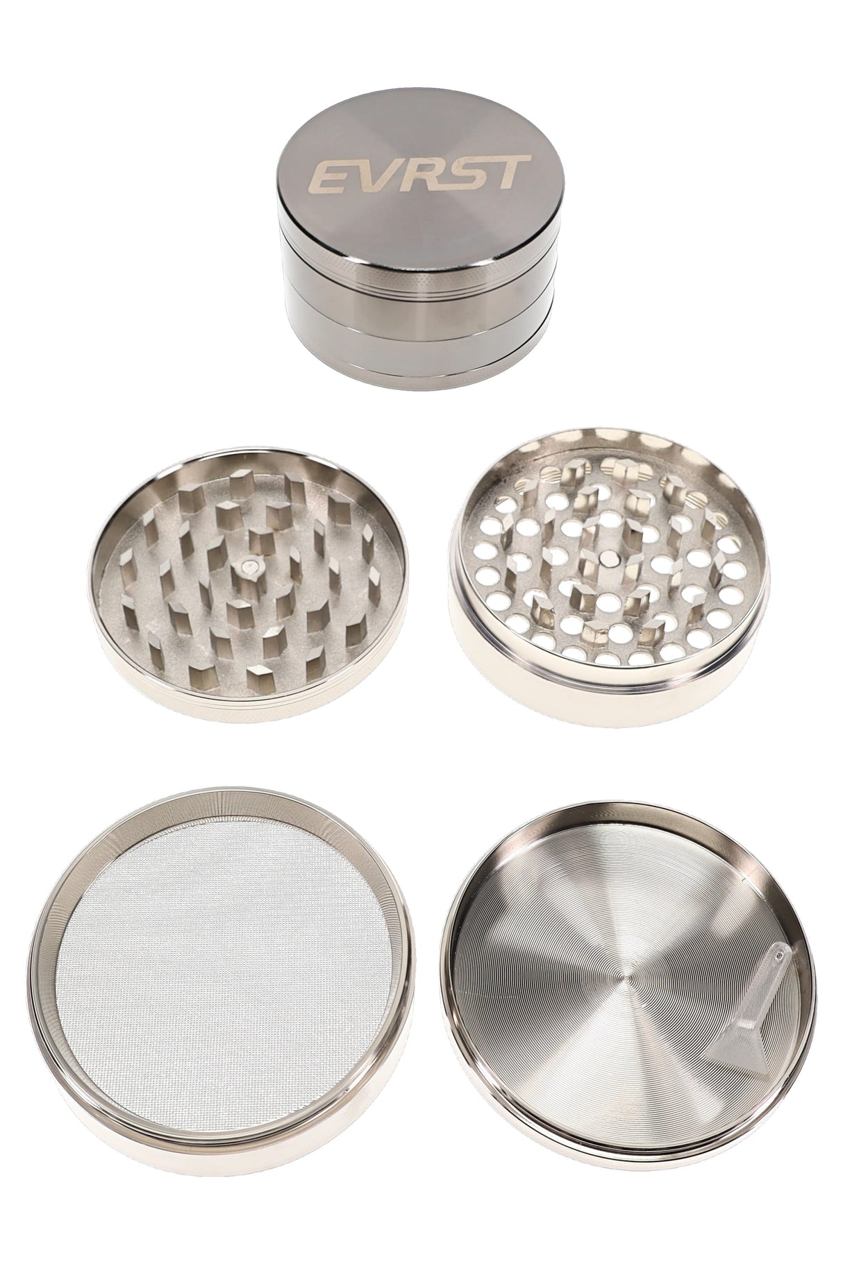 Large silver EVRST metal herb grinder close-up with engraved logo and textured grip bands