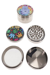 Silver 4-part metal herb grinder with red cloud decal lid and patterned grip bands