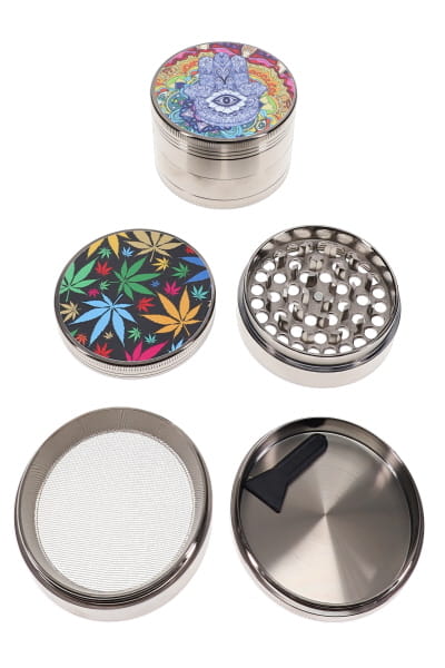Silver 4-part metal herb grinder with red cloud decal lid and patterned grip bands