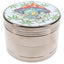 4-part metal herb grinder with mushroom alien decal lid and silver ribbed body on white background