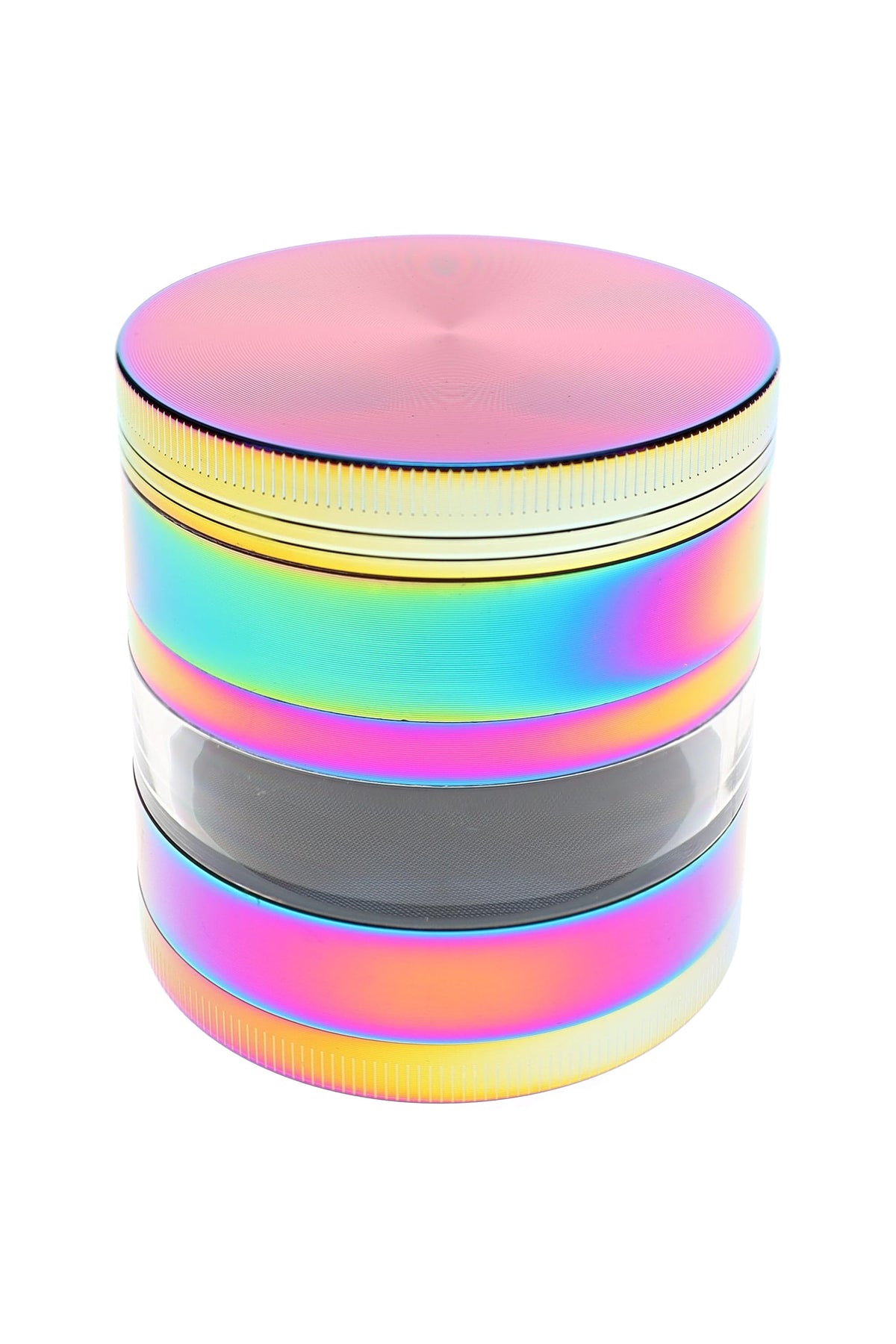 Rainbow 4-part metal herb grinder with clear window, pink top, textured grip, and reflective finish