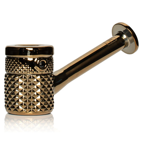 Gold Jane West hand pipe side view with metallic textured bowl and long clear glass stem