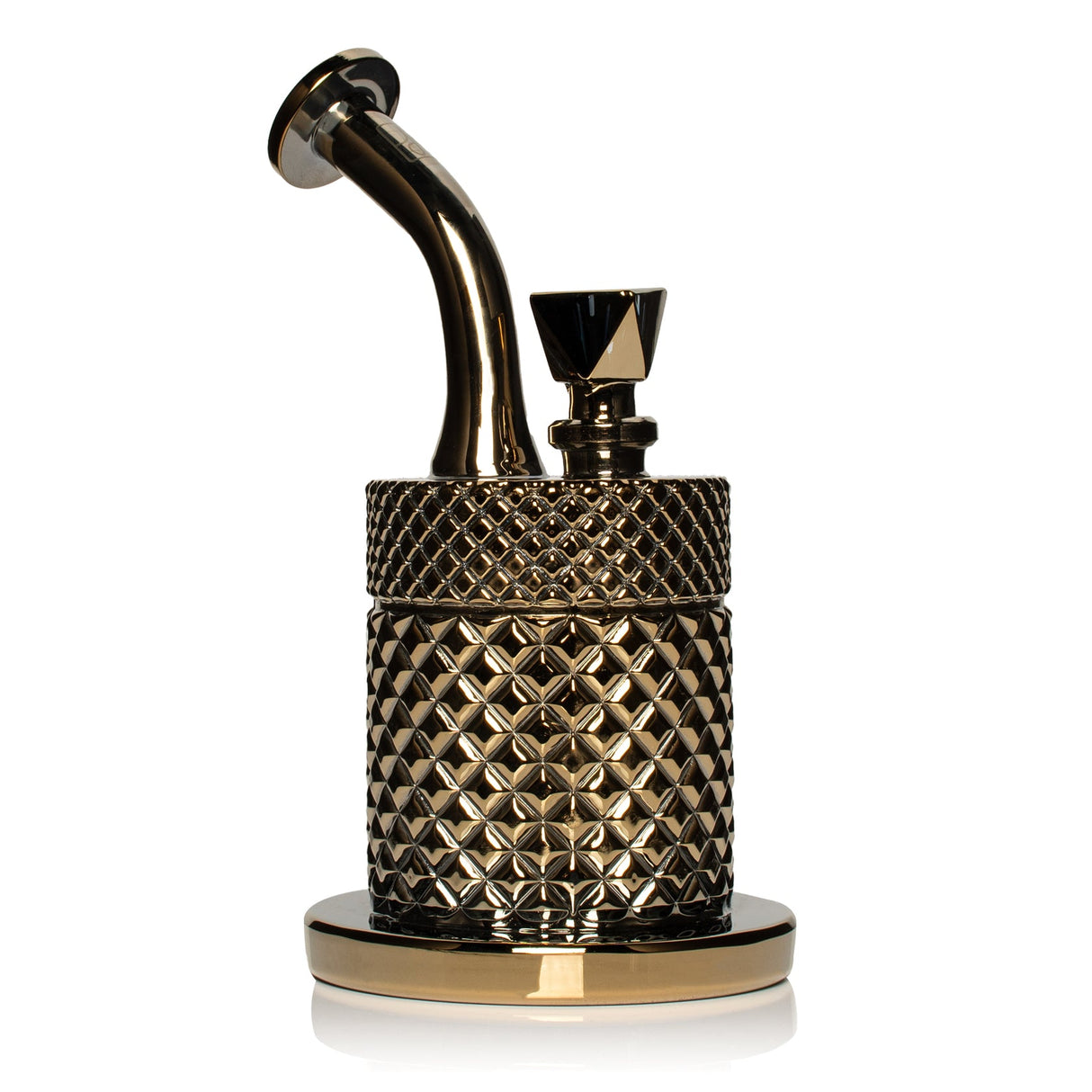 Gold Jane West glass water pipe front view with metallic finish, wide mouthpiece, and sturdy base