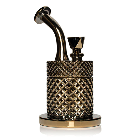 Gold Jane West glass water pipe front view with metallic finish, wide mouthpiece, and sturdy base