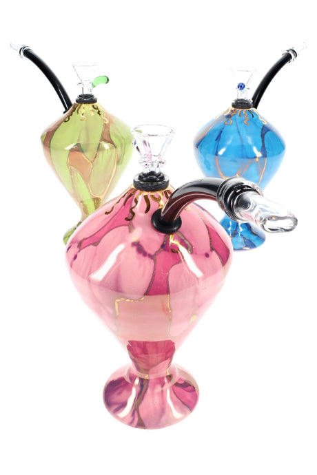 Hand-thrown 6-inch ceramic mini hookah trio in pink, green, and blue glazes with 22 k gold veining, removable hoses, and glass martini bowls displayed on white backdrop.