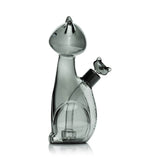 Side profile of Hemper Alley Cats XL smoky gray 9.5-inch cat glass bong showing 14.5 mm joint, clear bowl and paw base.