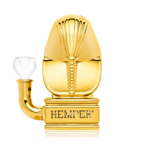 Rear view of gold Ancient Egypt glass bong, showing sculpted headdress, Hemper logo and curved side mouthpiece.