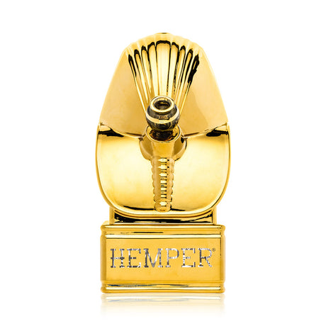Rear view of Hemper Ancient Egypt XL bong showing recessed 14.5 mm joint and HEMPER logo across gold base, studio-lit against white backdrop.
