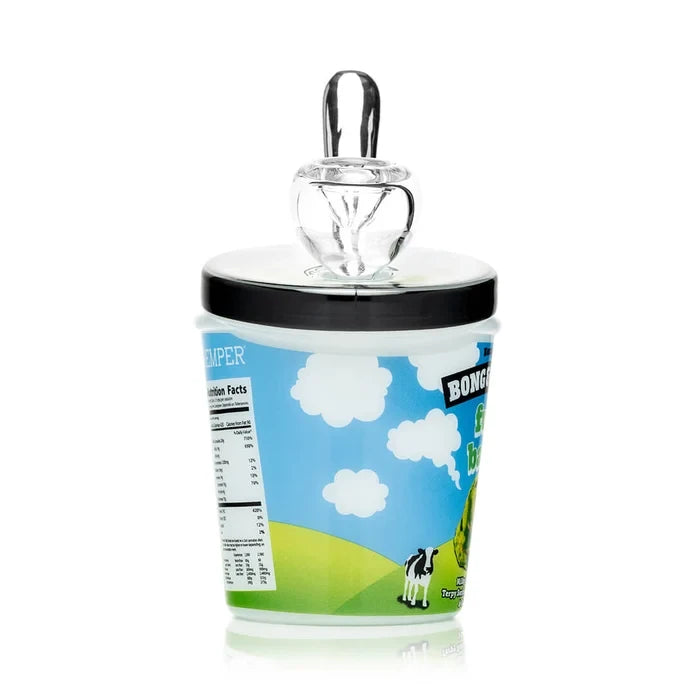 Side view of HEMPER Fully Baked glass bong with Highly Curated graphic and nutrition facts panel
