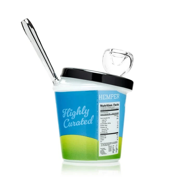 Back view of HEMPER ice cream pint bong showing nutrition label artwork, clear bowl, and upright mouthpiece