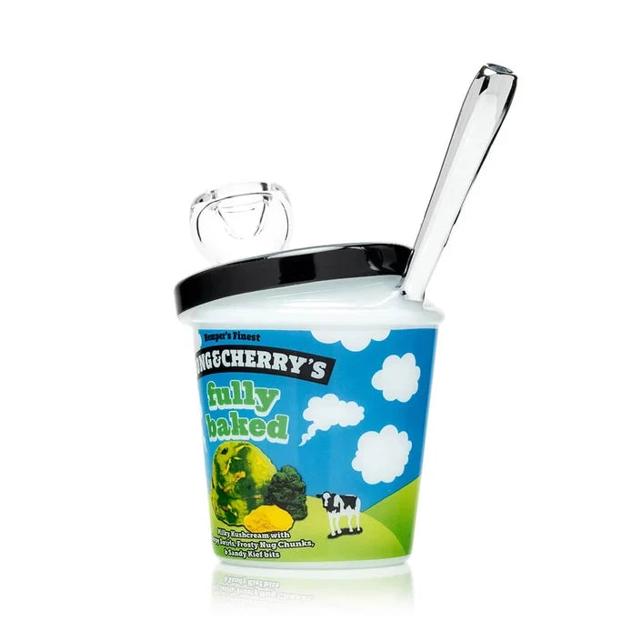 Front view of HEMPER ice cream glass bong with clear bowl, black lid rim, and angled mouthpiece